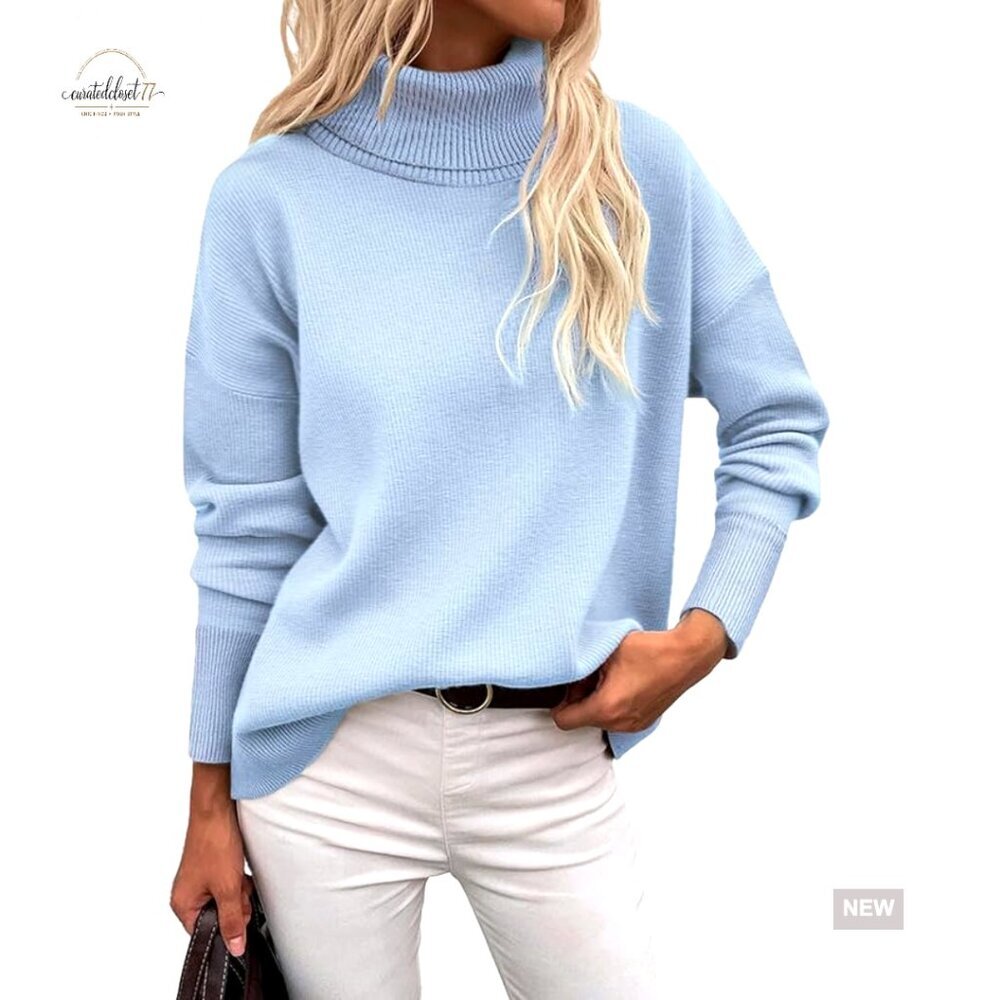 Chunky Knit Turtleneck Sweater High Low Hem Pullover Winter Top